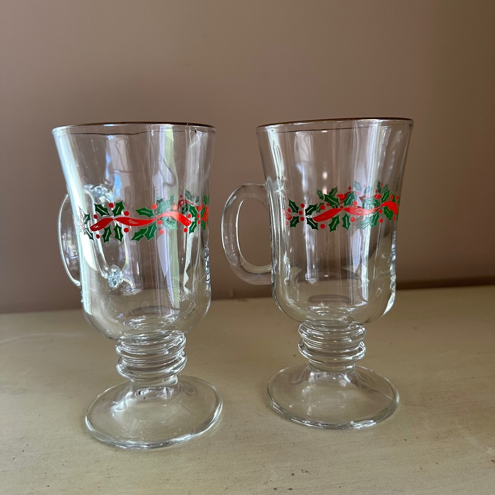Set of 2 Christmas Egg Nog Irish Coffee Mugs Glass‎ Gold Rim Holiday Holly